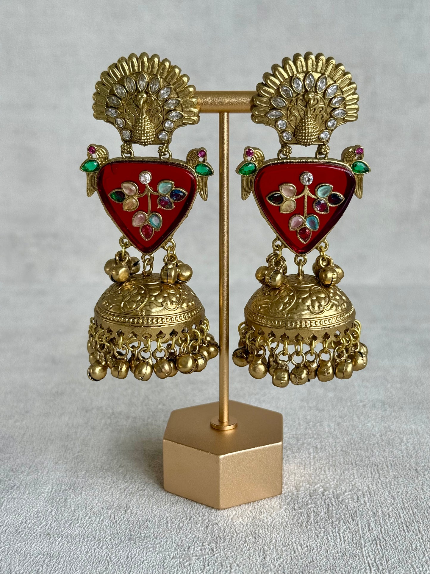 Ayura Designs Makali Earrings – Crimson Red Enamel with Multicolour Stones & Antique Gold Jhumkis