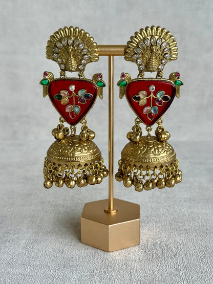 Ayura Designs Makali Earrings – Crimson Red Enamel with Multicolour Stones & Antique Gold Jhumkis