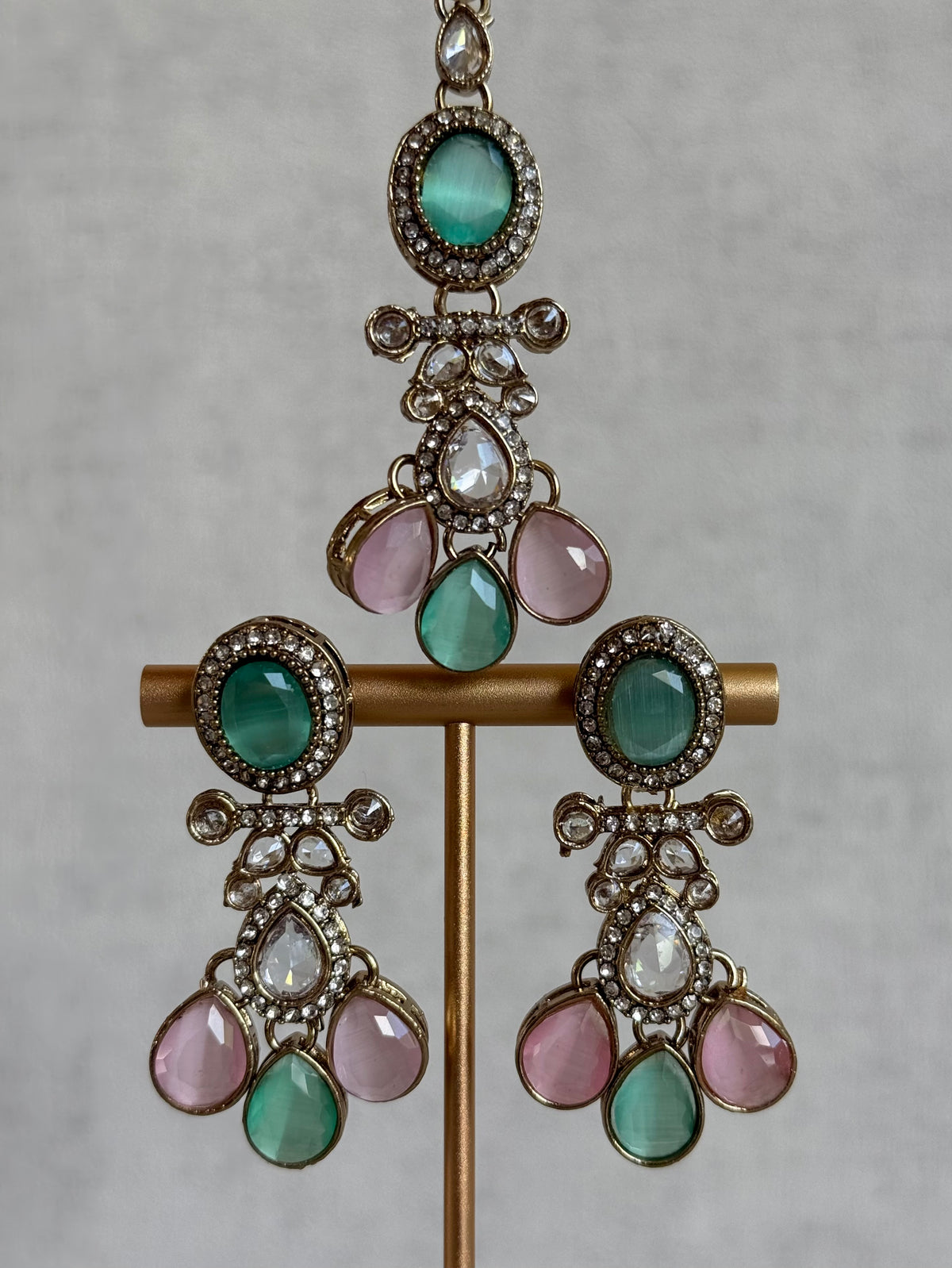 Ayura Designs Ava Necklace Set with Earrings & Tikka – Mint Green & Blush Pink Stone Necklace Set in Antique Gold Finish