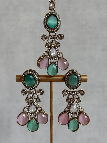 Ayura Designs Ava Necklace Set with Earrings & Tikka – Mint Green & Blush Pink Stone Necklace Set in Antique Gold Finish