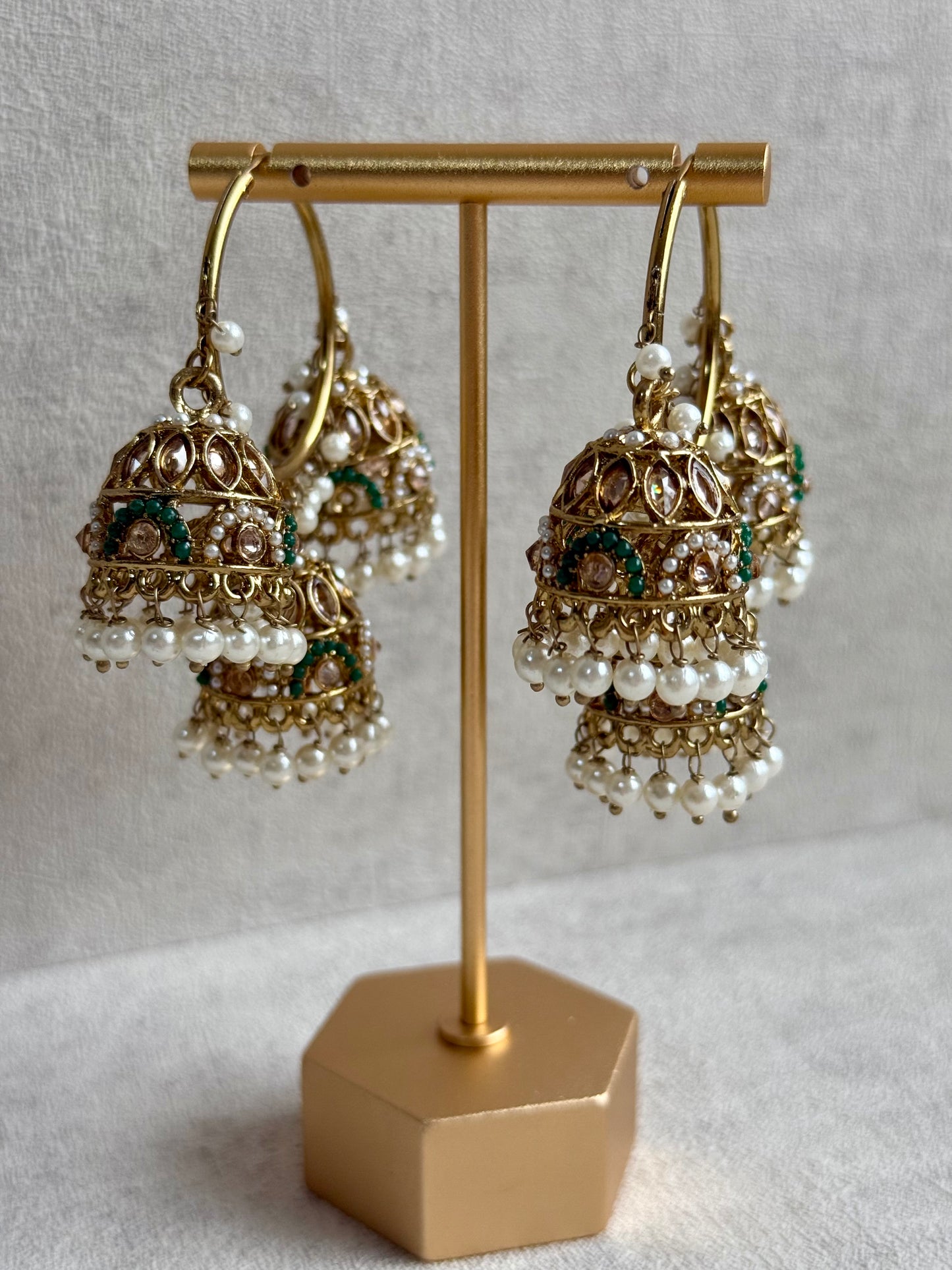 Ayura Designs Nakhra Balis – Emerald Triple Dome Earrings with Mirror-Cut Stones & Pearl Detailing