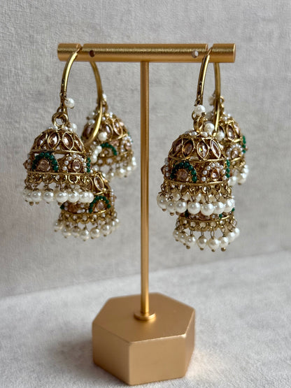 Ayura Designs Nakhra Balis – Emerald Triple Dome Earrings with Mirror-Cut Stones & Pearl Detailing