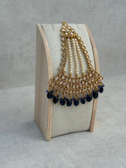 Ayura Designs Ramzi Jhoomar Passa – Antique Gold with Kundan Detailing, Pearl Strands & Ink Blue Drops