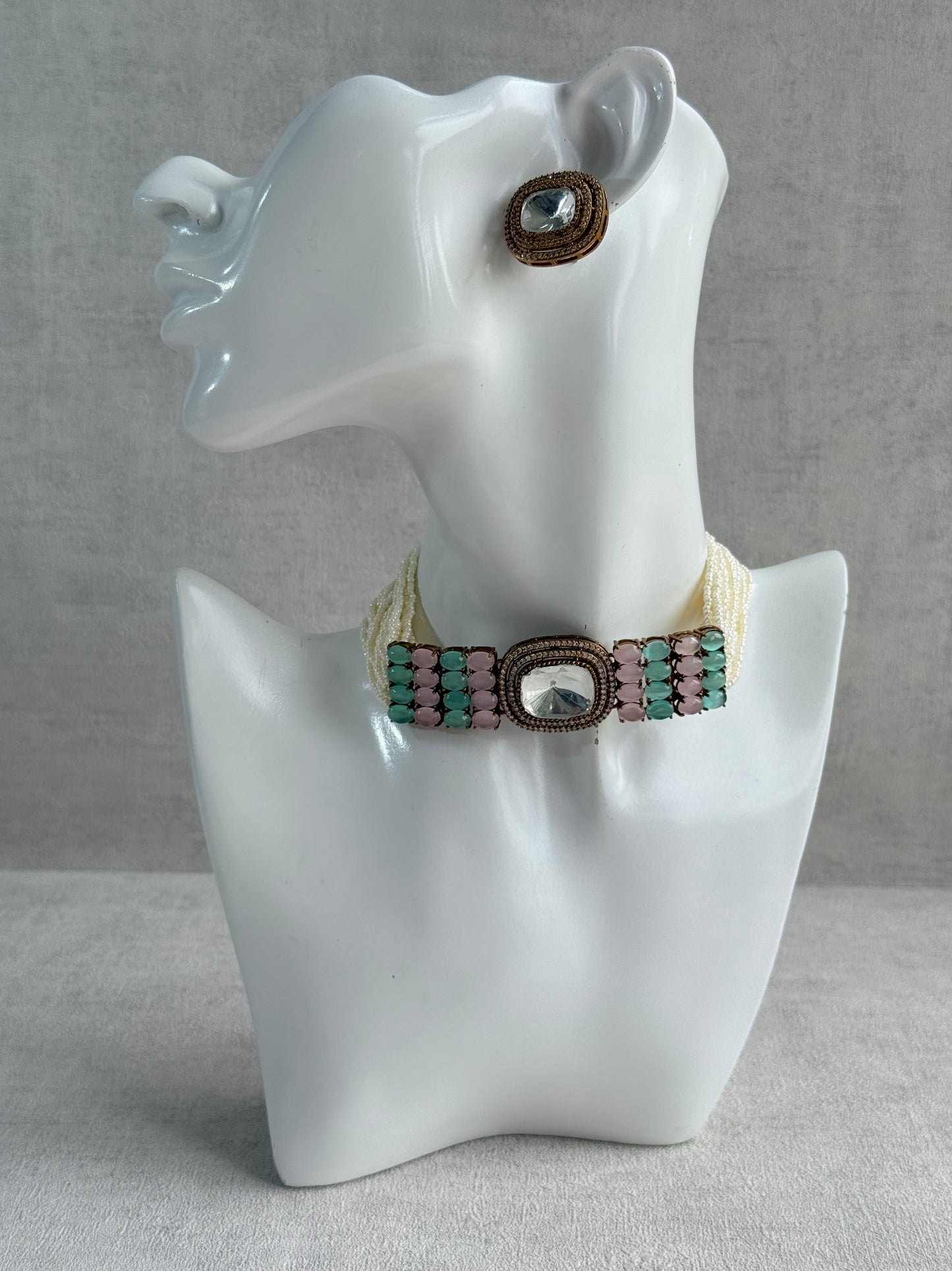 Ayura Designs Emma Choker Set – Mint Green & Blush Pink Gemstone Choker & Studs with Mirror-Cut Centrepiece, Pearl Strands & Crystal Borders