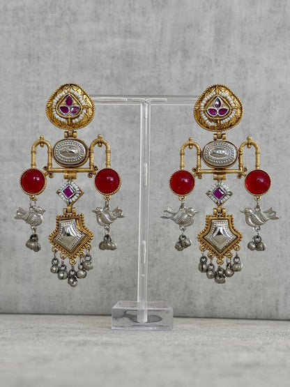 Ayura Designs Amzie Earrings - Exquisitely Handcrafted in Brass with Silver Accents, Ruby Embellishments, and Delicate Bird Motif Charms