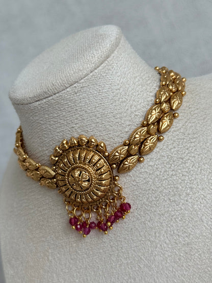 Ayura Designs Rania Choker Set with Studs – Antique Gold Floral Medallion Choker with Ruby Pink Bead Detailing