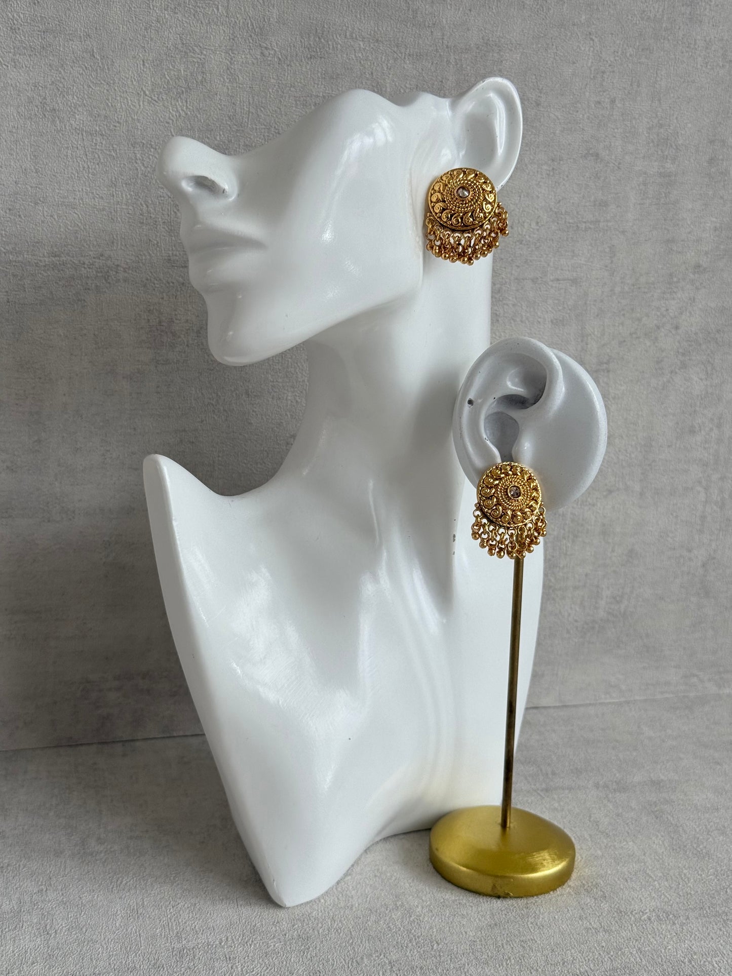 Ayura Designs Deesha Stud Earrings – Gold Finish with Crystal & Ghungroo Detailing