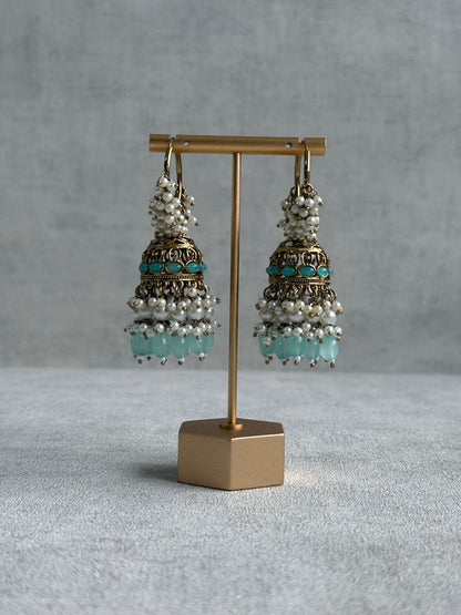 Ayura Designs Jugni Jhumkis – Antique Gold Balis with Aqua Beads & Pearl Clusters