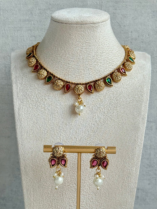 Ayura Designs Mayura Necklace Set with Earrings – Antique Gold Meenakari Motifs with Pearl Drop & Rani Pink and Emerald Green Stones