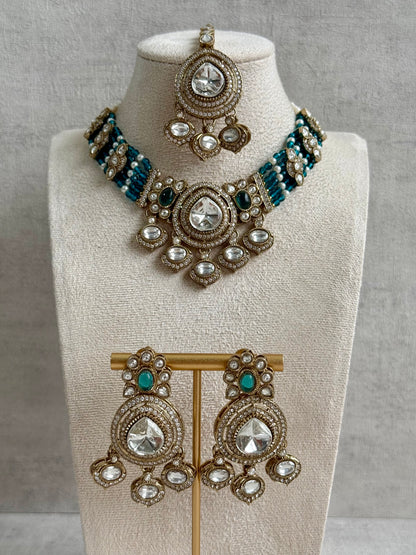 Ayura Designs Rahi Necklace Set with Earrings & Tikka – Teal Blue Stones with Mirror-Cut Detailing & Pearl Strands