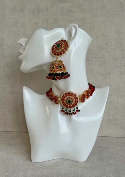 Ayura Designs Lubna Choker Set with Jhumkis & Ring – Ruby Red, Emerald Green & Pearl Detailing in Antique Gold Finish