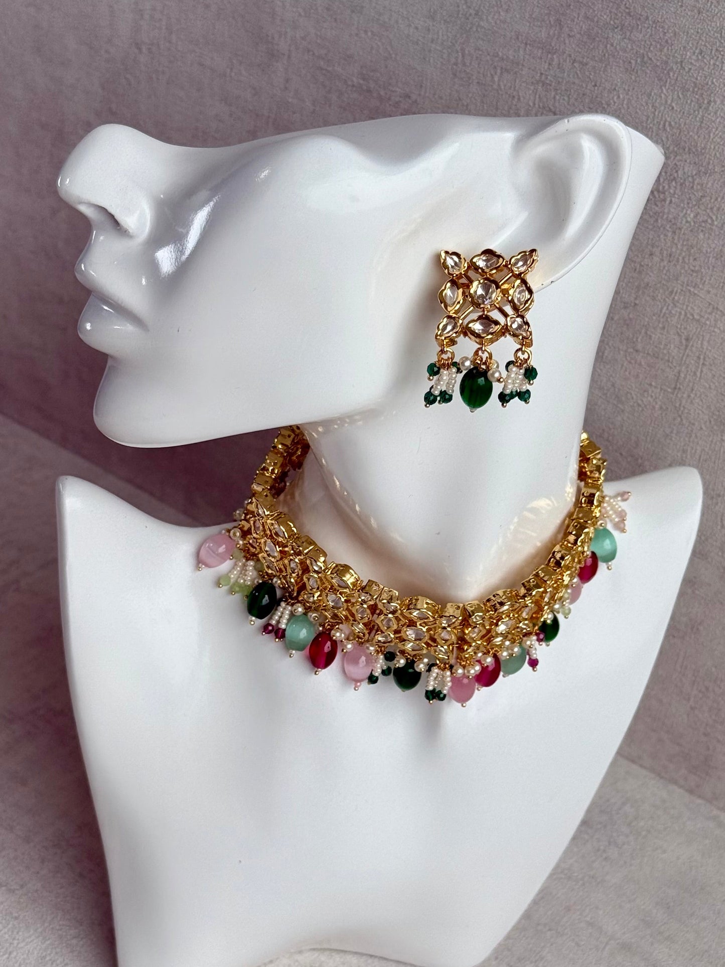 Ayura Designs Navya Choker Set with Earrings – Gold Finish with Moissanite Stones, Lattice Design, Emerald Beads & Pearl Detailing