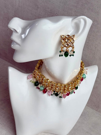 Ayura Designs Navya Choker Set with Earrings – Gold Finish with Moissanite Stones, Lattice Design, Emerald Beads & Pearl Detailing