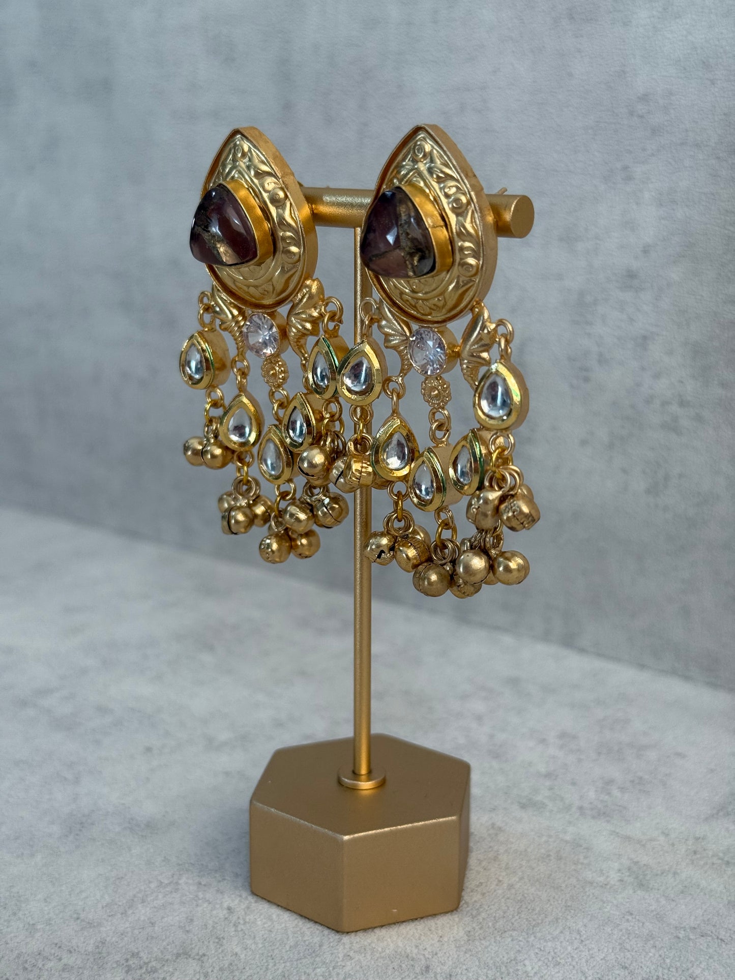 Ayura Designs Arheer Earrings – Brown Marble with Kundan Detailing & Antique Gold Ghungroos