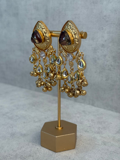 Ayura Designs Arheer Earrings – Brown Marble with Kundan Detailing & Antique Gold Ghungroos