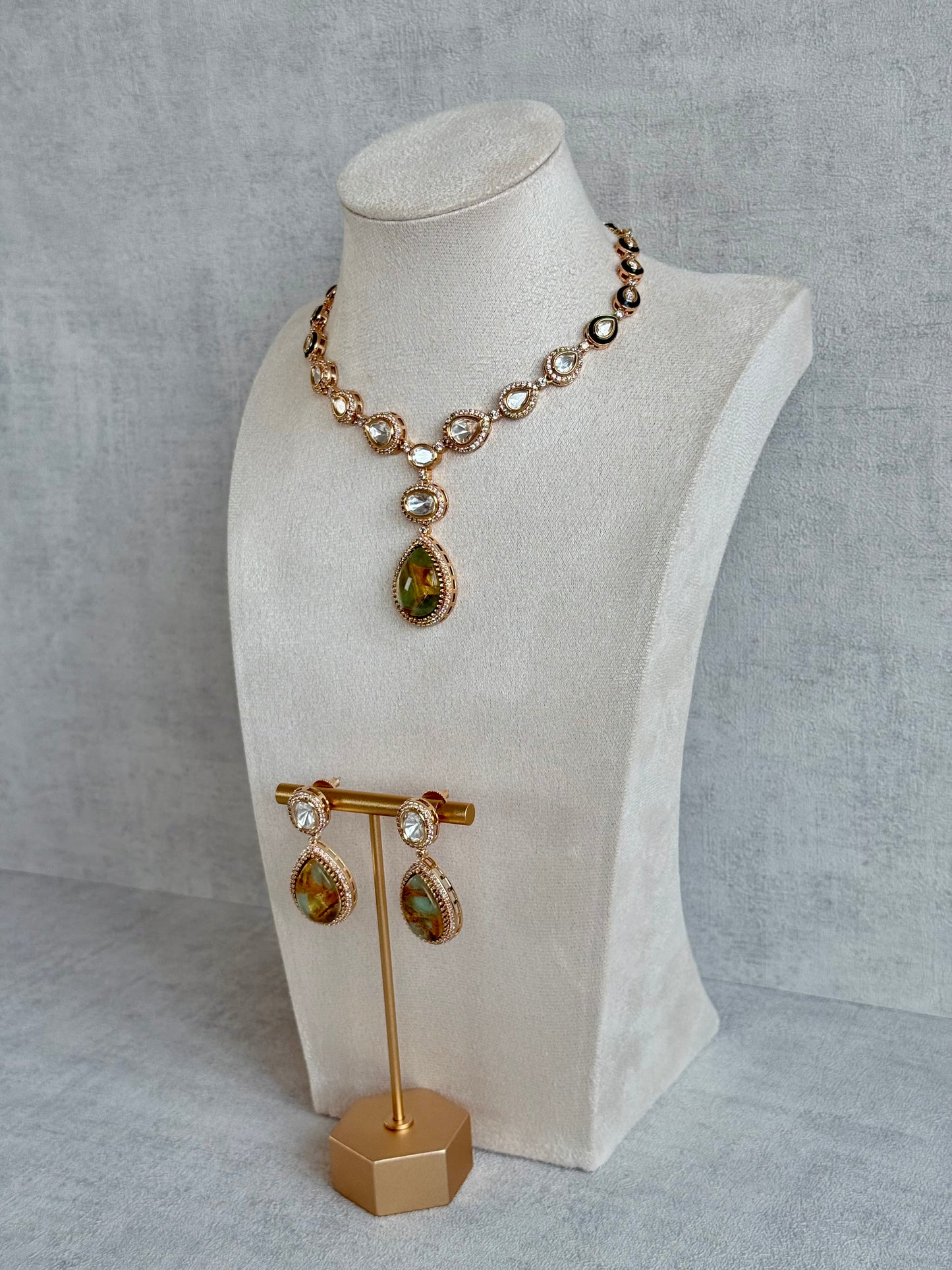Ayura Designs Lilly Necklace Set with Earrings – Moissanite Stones with Marble Green Teardrop Pendant & Crystal Detailing
