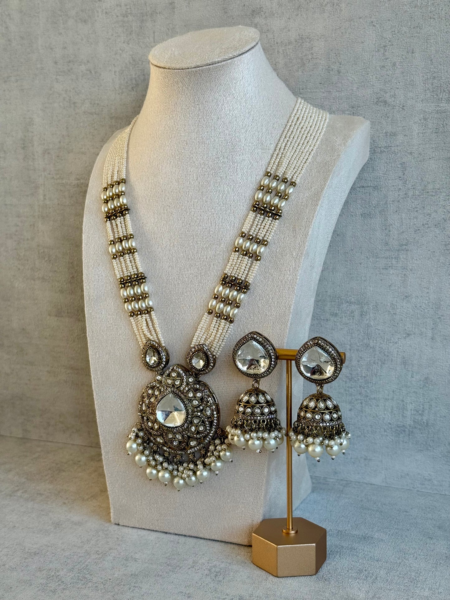 Ayura Designs Brielle Set – Necklace & Jhumkis with Mirror-Cut Stones & Ivory Pearls