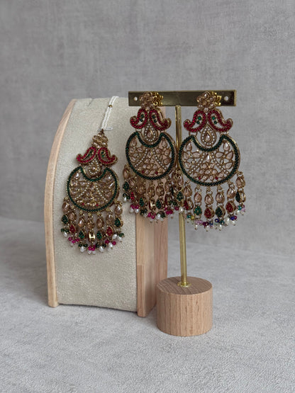 Ayura Designs Anvi Tikka Set with Earrings – Ruby Red & Emerald Green with Champagne Stones