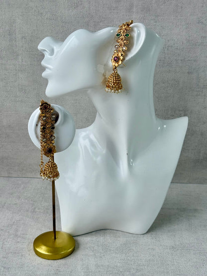 Ayura Designs Keerti Jhumkis – Antique Gold Kannauti Earrings with Ruby Pink & Emerald Green Stones, Mirror-Cut Detailing & Pearl Drops