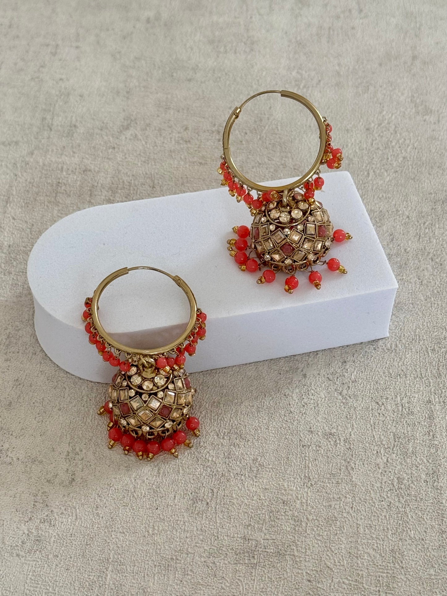 Ayura Designs Jugni Bali Jhumkas – Antique Gold with Coral Peach Beads