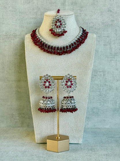 Ayura Designs Saima Set – Necklace, Jhumkis & Tikka in Deep Rose Pink with Silver Finish