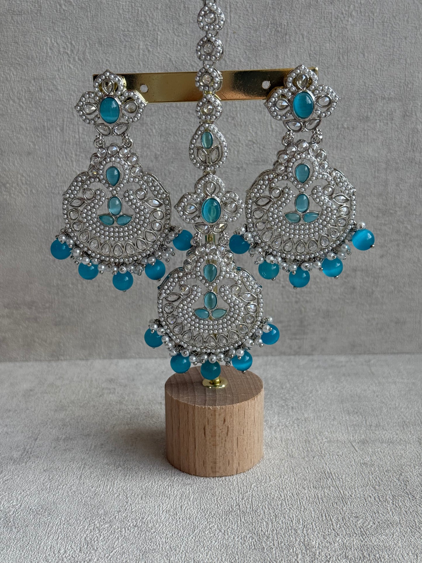 Ayura Designs Zarlish Set – Choker, Earrings & Tikka with Mirror-Cut Stones, Aqua Blue Beads & Silver Finish