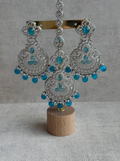 Ayura Designs Zarlish Set – Choker, Earrings & Tikka with Mirror-Cut Stones, Aqua Blue Beads & Silver Finish