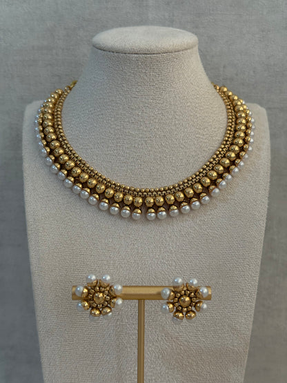 Ayura Designs Devyani Set with Stud Earrings – Antique Gold Layers with Pearl Edging