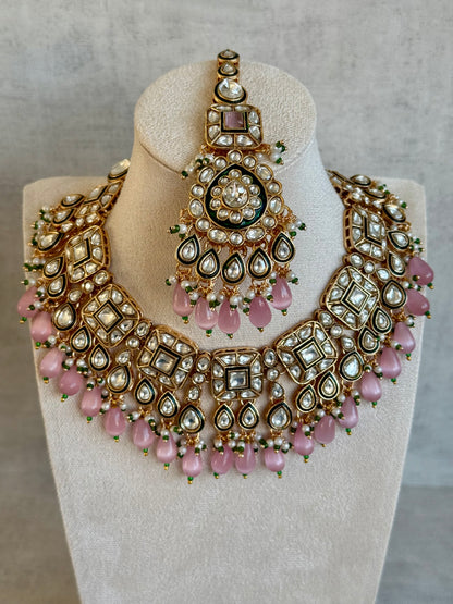 Ayura Designs Ishrat Set with Necklace, Earrings & Tikka – Kundan Detailing, Pearl Drops & Blush Pink Beads