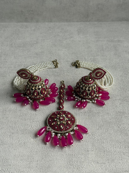 Ayura Designs Amrita Set – Jhumkis with Sahare & Tikka in Hot Pink Beads, Pearls and Antique Gold Finish