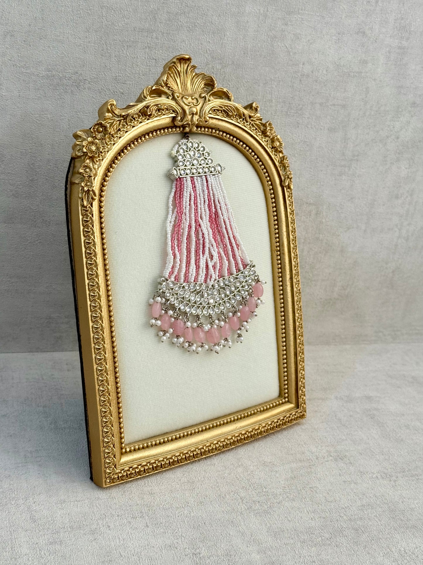 Ayura Designs Ash Jhoomar Passa – Blush Pink Beads with Mirror Cut Stones & Silver Finish