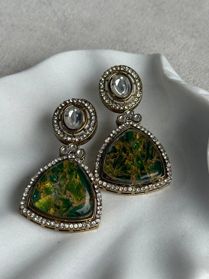 Ayura Designs Florence Earrings – mirror cut studs with Emerald Green Marble Resin & Crystal Borders