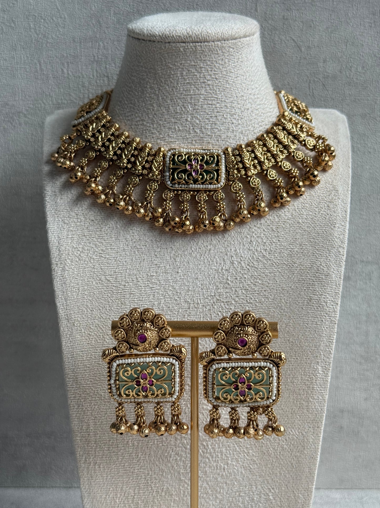 Ayura Designs Uma Set – Antique Gold Necklace & Earrings with Mint Green Enamel, Ruby Meenakari & Pearl Detailing