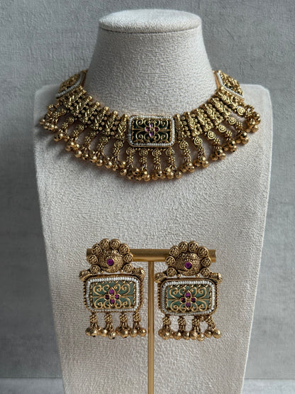 Ayura Designs Uma Set – Antique Gold Necklace & Earrings with Mint Green Enamel, Ruby Meenakari & Pearl Detailing