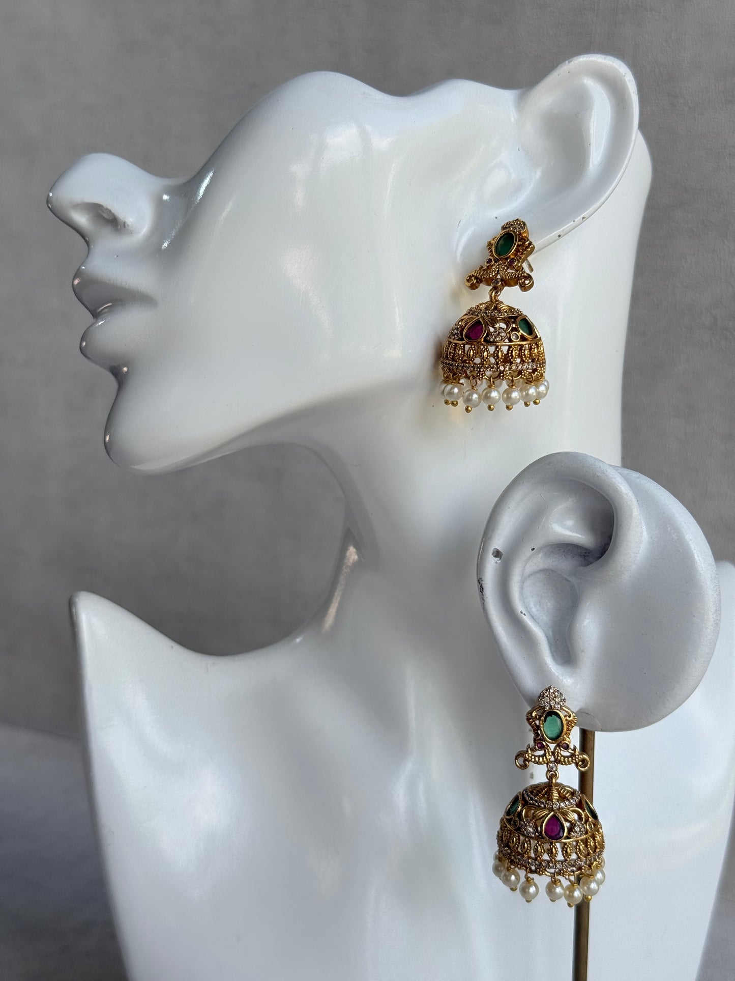 Ayura Designs Ehla Jhumkis – Gold Peacock Design with Green & Ruby Pink Stones, Crystals & Pearl Drops
