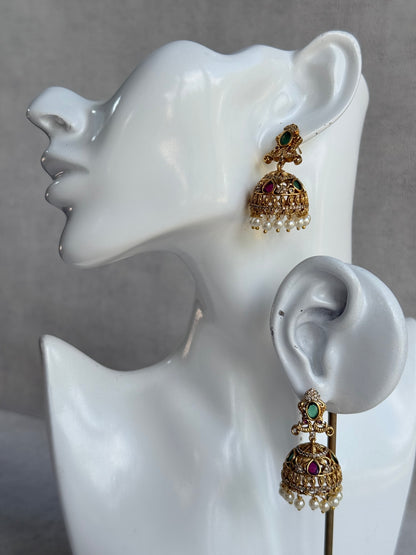 Ayura Designs Ehla Jhumkis – Gold Peacock Design with Green & Ruby Pink Stones, Crystals & Pearl Drops