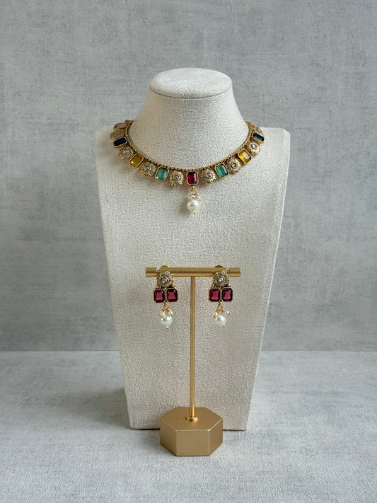 Ayura Designs Padma Necklace Set with Earrings – Multicolour Stones with Pearl Drop Detailing