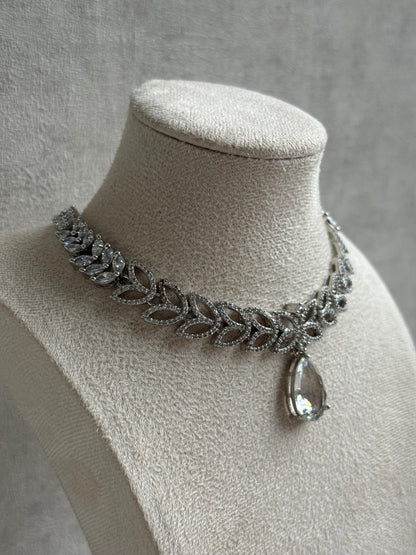 Ayura Designs Anastasia Set – Silver Necklace & Earrings with Teardrop Crystals & Leaf Motif Design