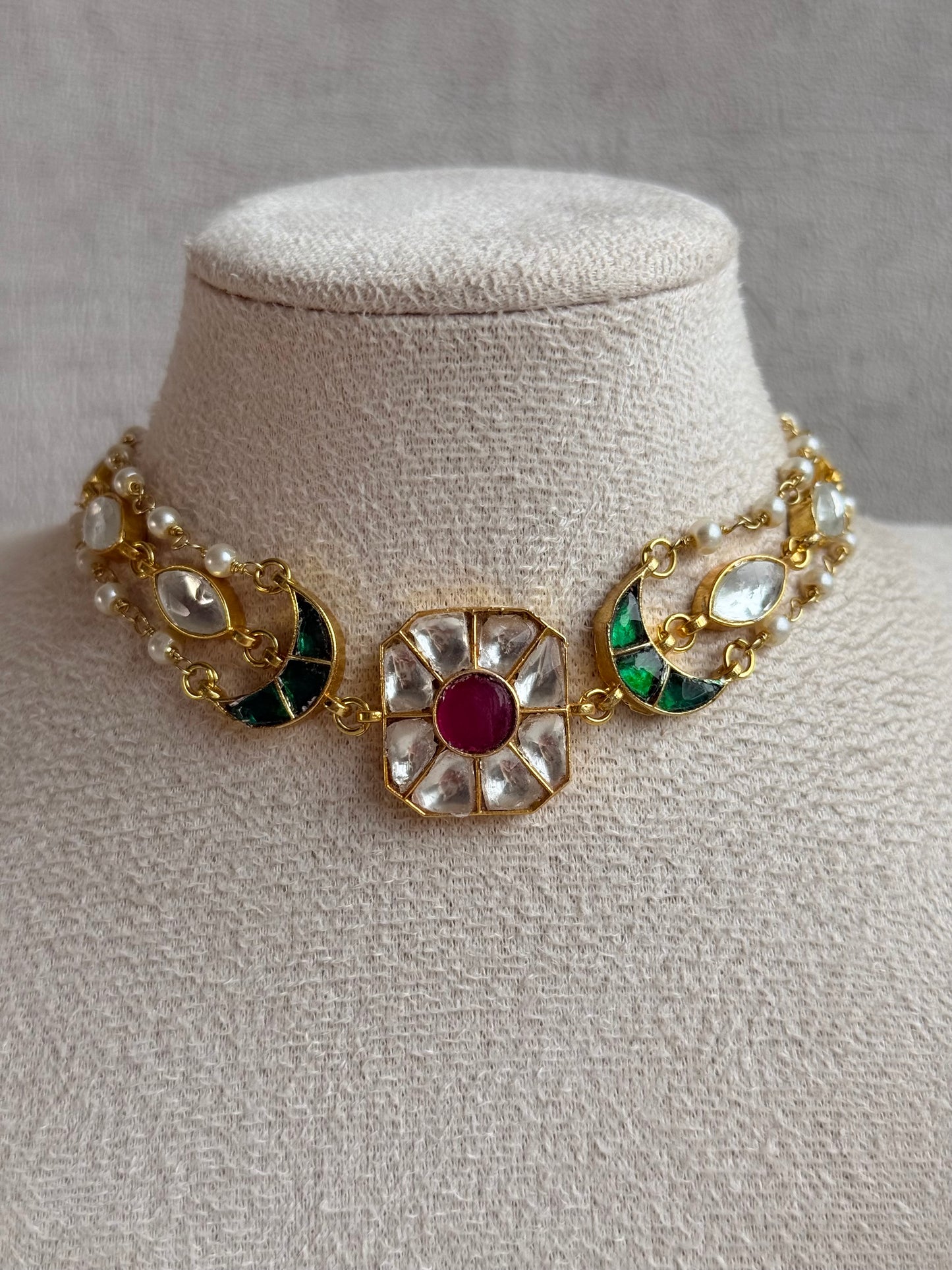Ayura Designs Mahi Choker Set with Earrings – Meenakari Kundan Green & Pink Detailing