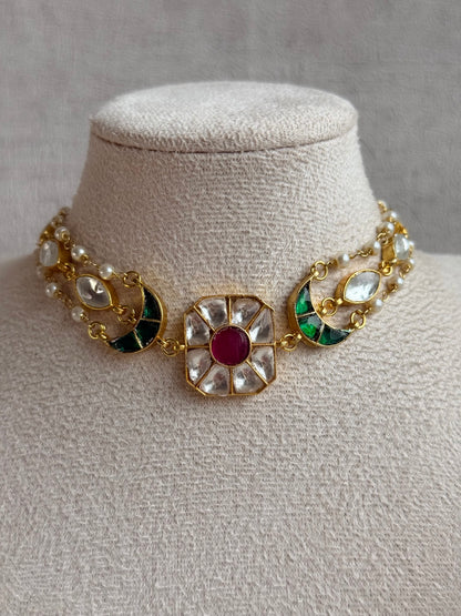 Ayura Designs Mahi Choker Set with Earrings – Meenakari Kundan Green & Pink Detailing