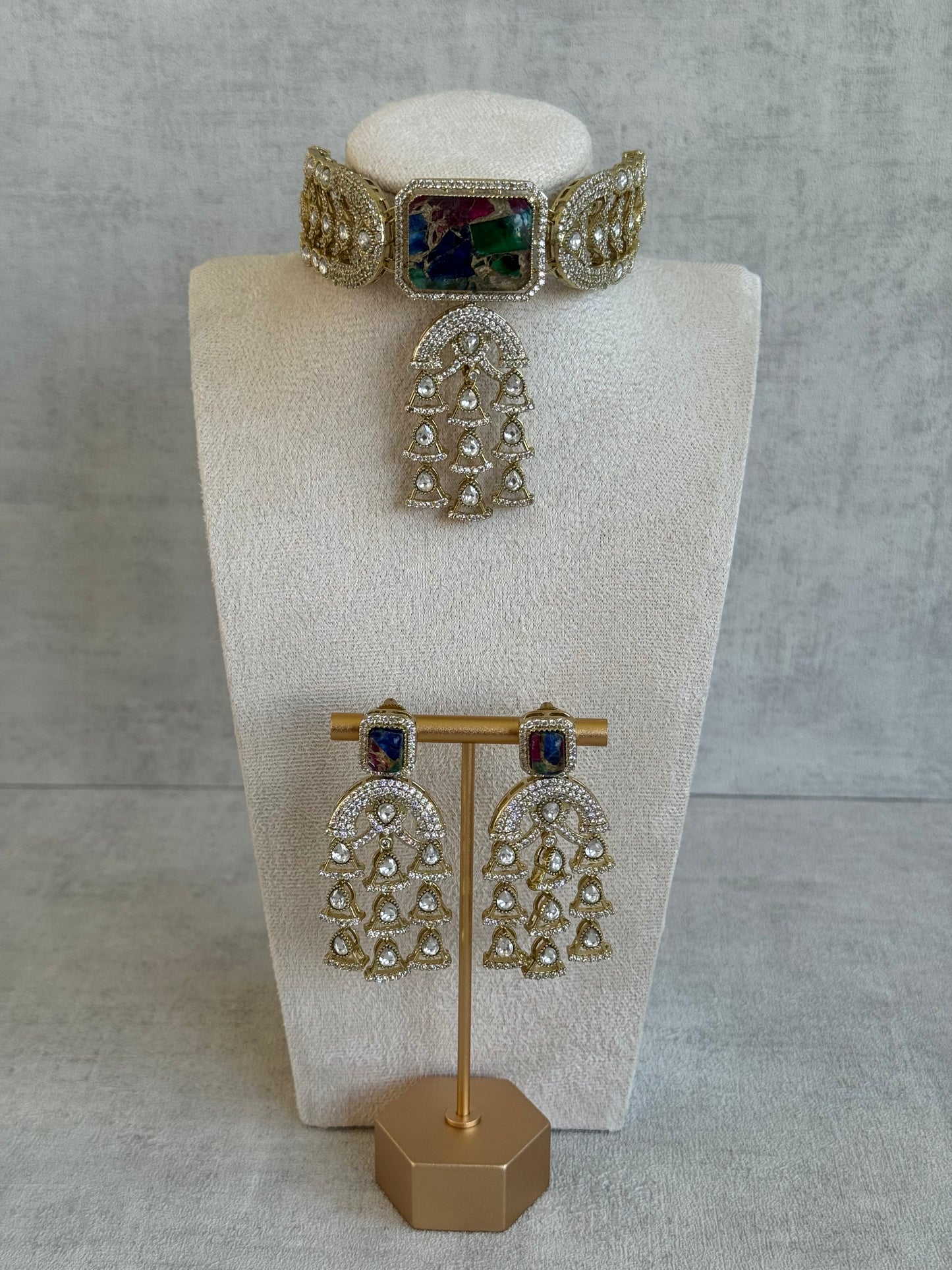 Ayura Designs Isla Choker Set with Earrings – Multicolour Marble & Moissanite Stones
