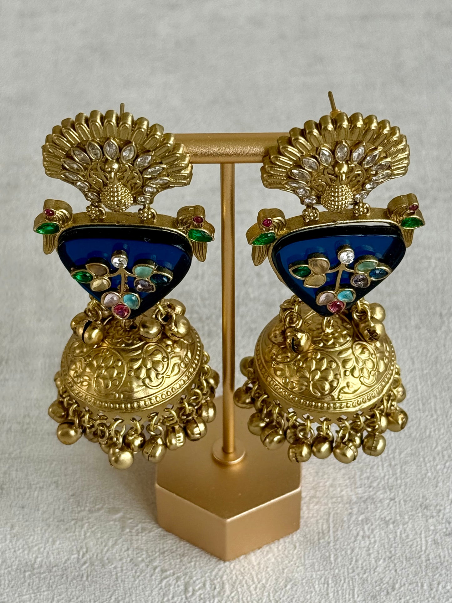 Ayura Designs Makali Earrings – Midnight Blue Enamel with Multicolour Stones & Antique Gold Jhumkis