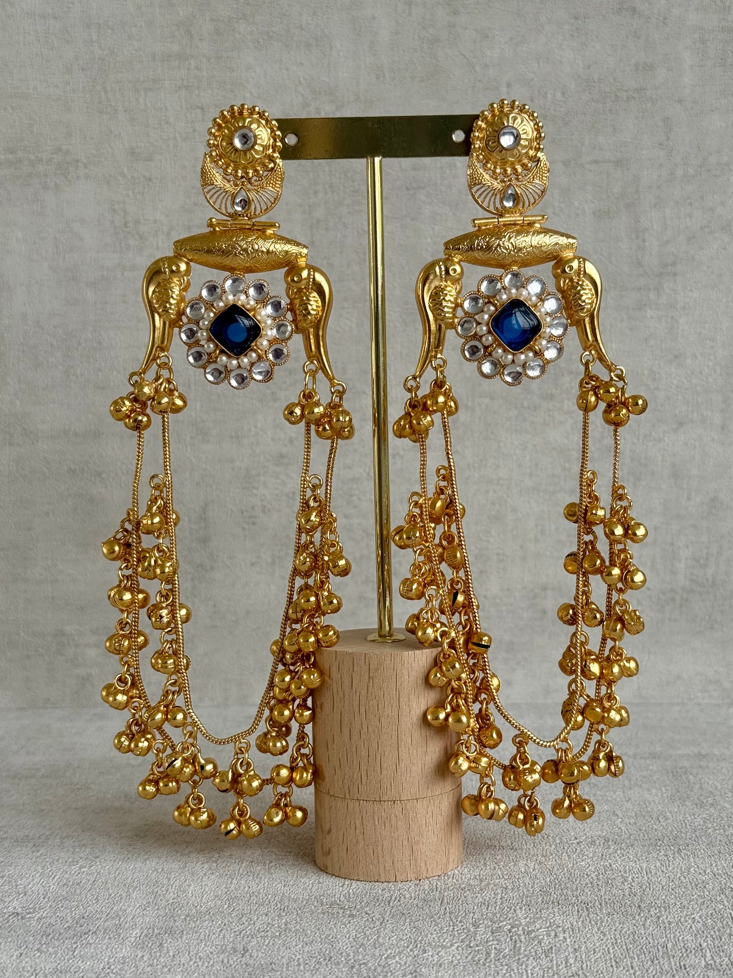 Ayura Designs Meelan Earrings – Antique Gold Earrings with Bird Motifs, Amber Stone & Ghungroo Detailing