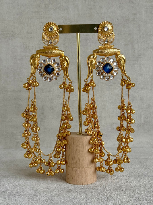 Ayura Designs Meelan Earrings – Antique Gold Earrings with Bird Motifs, Navy Stone & Ghungroo Detailing