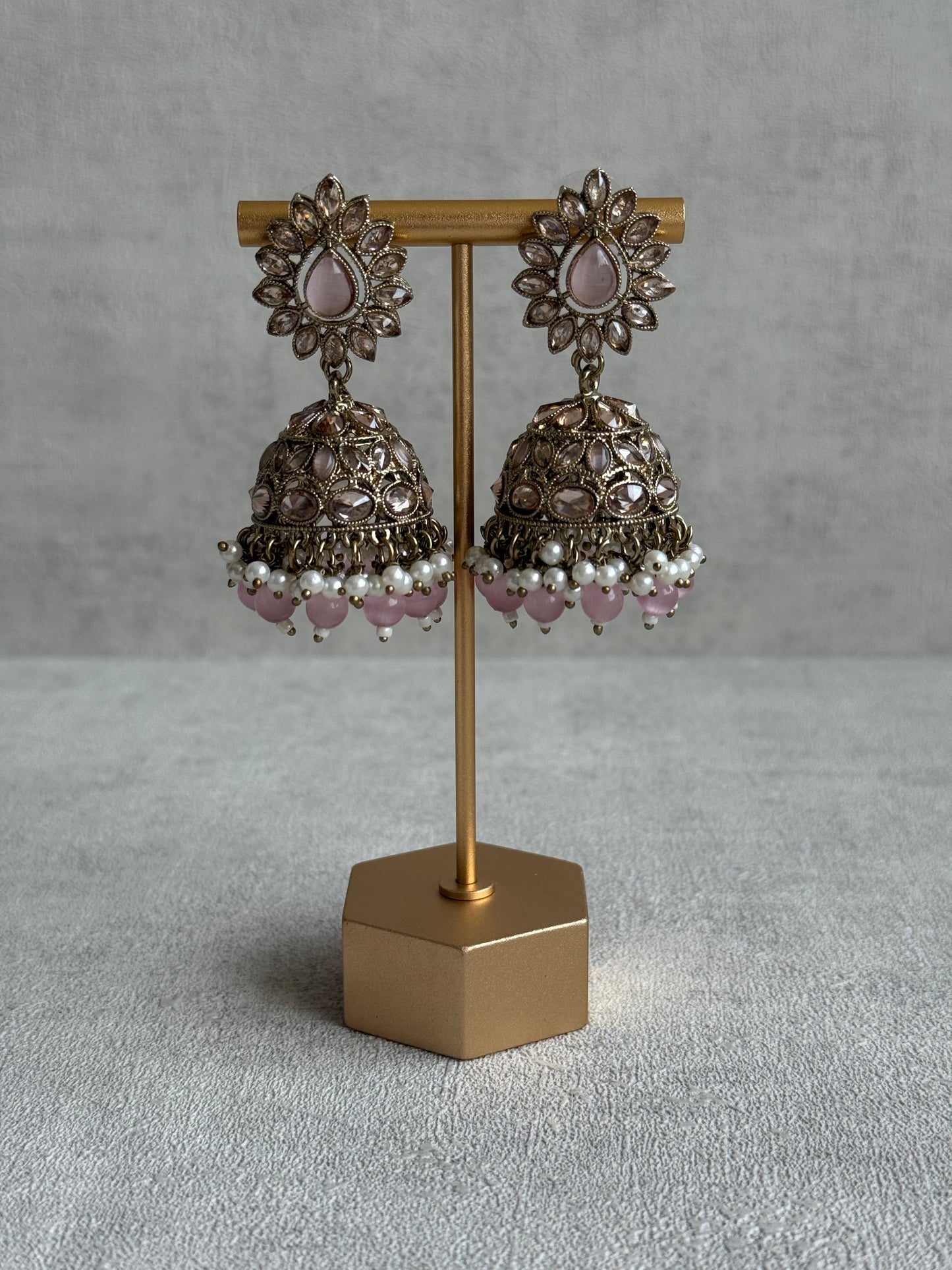 Ayura Designs Emaan Set – Necklace, Jhumkis & Tikka with Blush Pink Stones, Ivory Pearls & Champagne Gold Finish