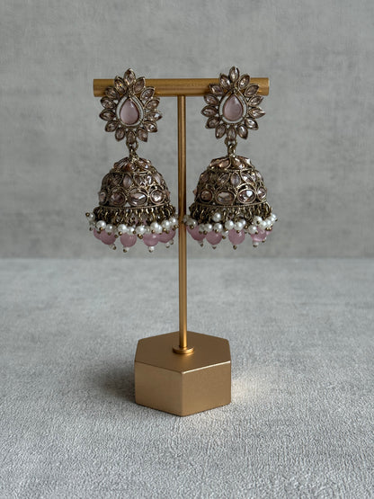 Ayura Designs Emaan Set – Necklace, Jhumkis & Tikka with Blush Pink Stones, Ivory Pearls & Champagne Gold Finish