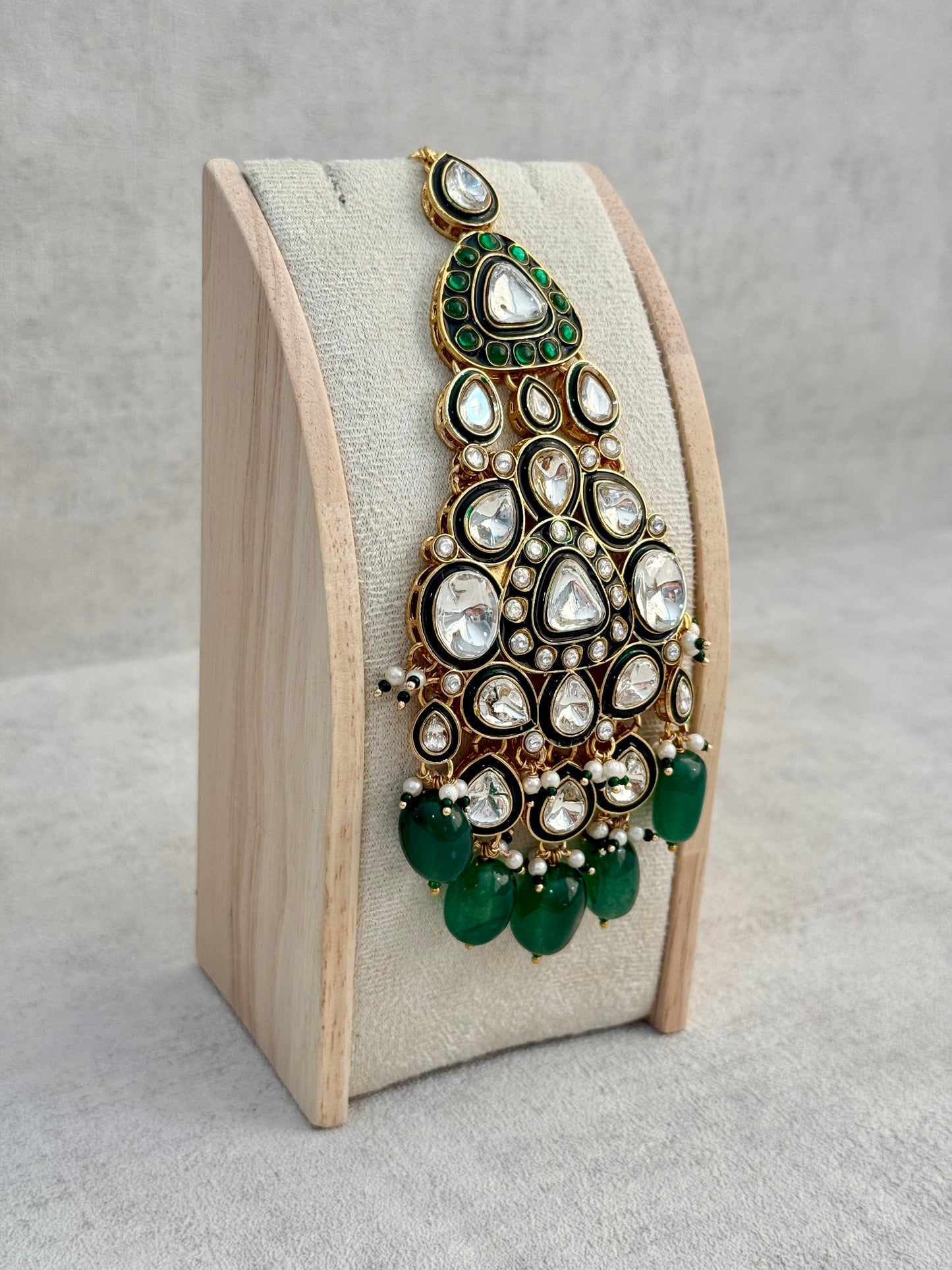 Ayura Designs Salma Jhoomar Passa – Emerald Green Drops with Kundan Stones & Antique Gold Finish