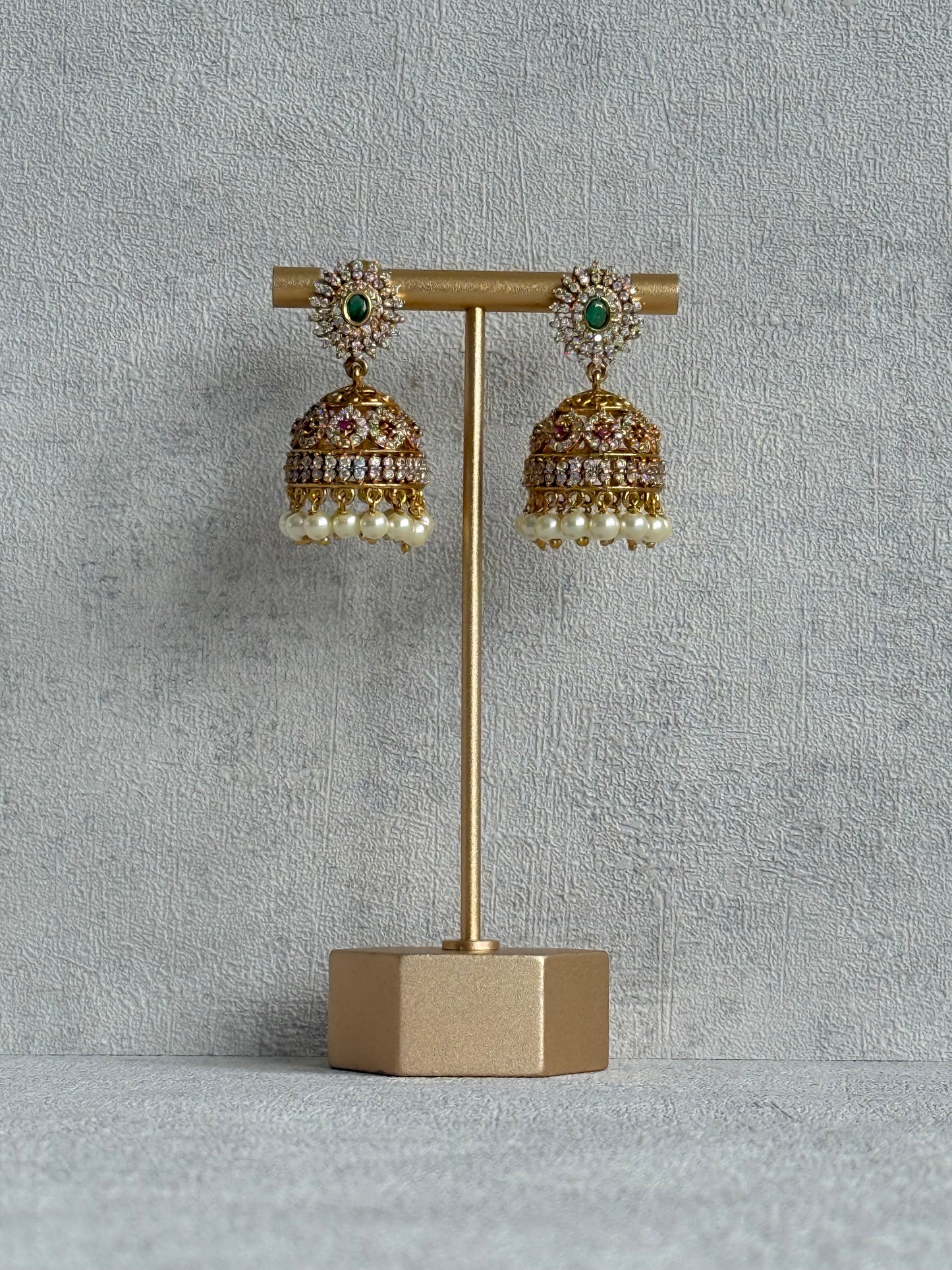 Ayura Designs Ela Jhumkis – Emerald Green Studs with Crystal Floral Jhumkis & Pearl Drops