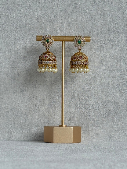 Ayura Designs Ela Jhumkis – Emerald Green Studs with Crystal Floral Jhumkis & Pearl Drops