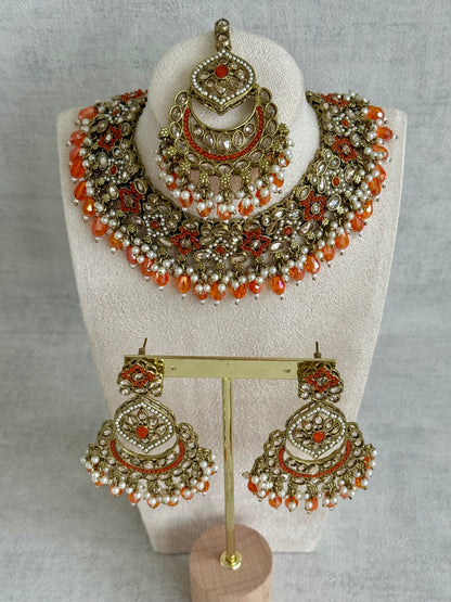 Ayura Designs Jazba Set with Necklace, Jhumkis & Tikka – Antique Gold, Mirror-Cut Stones, Pearl Detailing & Fiery Orange Beads